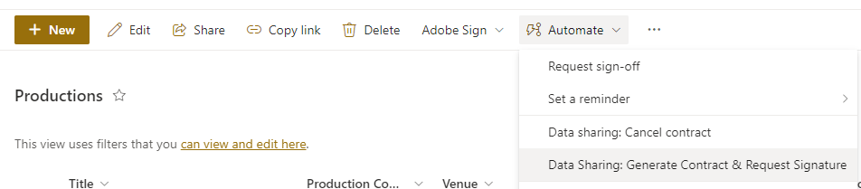 Screenshot of SharePoint list, showing the Automate menu, expanded to show "Data sharing: Cancel contract" and "Data sharing: Generate Contract & Request Signature"