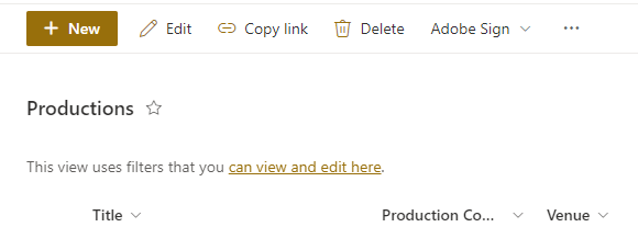 Screenshot of a SharePoint list, without a "Automate" menu.