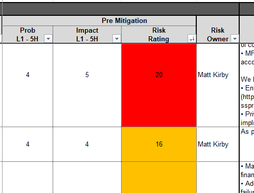 Screenshot of an Excel worksheet, showing Risk Rating column with conditional formatting to mark high items red and medium items orage