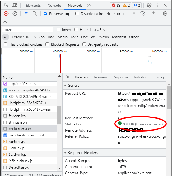 Screenshot of developer tools from a web browser, showing that brokercert.cer has a status code of "200 OK (from disk cache)".