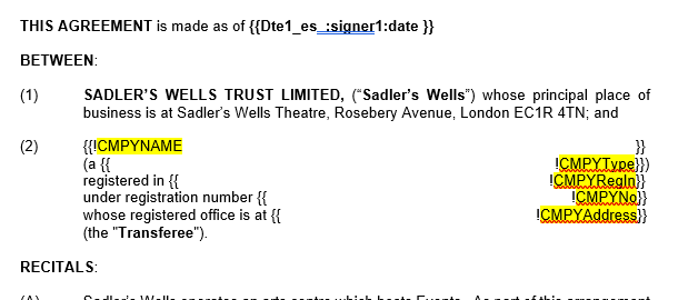 Screenshot of a Word document for a contract template, showing Adobe Sign variable placeholders.