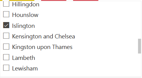 Screenshot showing BI dashboard with options for UK local authorities