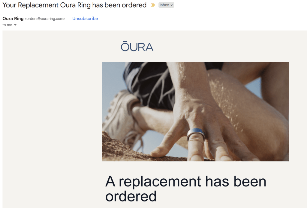 A screenshot confirming that "a replacement Oura ring has been ordered".