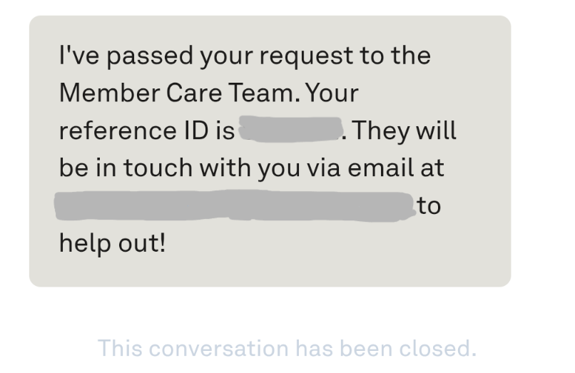 App bot chat screenshot, saying that the request will be handed off to the Member Care Team.