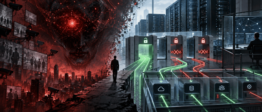 Split illustration contrasting an ominous red AI network with a controlled data centre where access paths are allowed or blocked. Generated by ChatGPT.